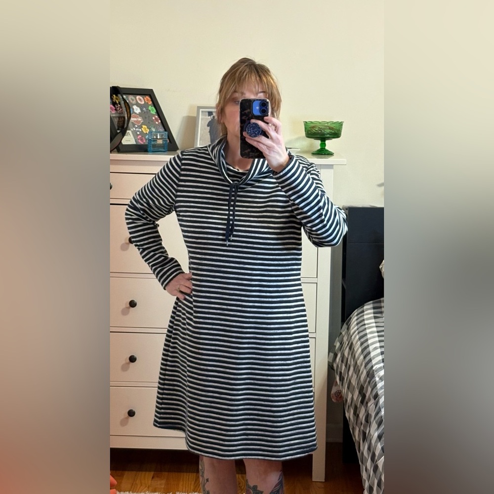 Talbots Navy Blue and White Striped Long Sleeve Dress